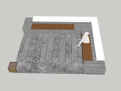 Outdoor Resting Space With Stone Pavement Wooden Bench And Seated Figure 3d model