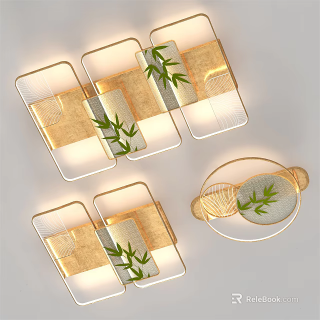 Modern Ceiling Lights Featuring Gold White Elements Square Round Shapes And Bamboo Leaf Decorations 3d model