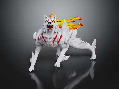 White Wolf with Flaming Tail Red Markings and Spiked Armor in Crouching Stance 3d model