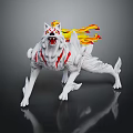 White Wolf with Flaming Tail Red Markings and Spiked Armor in Crouching Stance