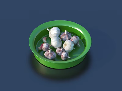 Fresh Garlic Cloves In Green Plate With White And Purple Varieties 3d model