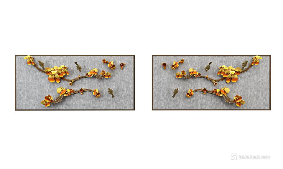 Elegant Two Panel Golden Floral Branch Wall Decor With Gray Background 3d model 
