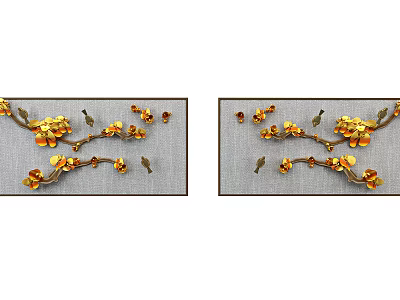 Elegant Two Panel Golden Floral Branch Wall Decor With Gray Background 3d model
