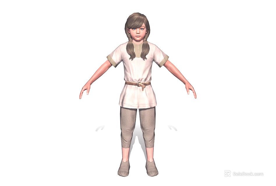 Child with Brown Hair in Standing Pose Wearing White T-shirt Brown Pants and Belt 3d model 