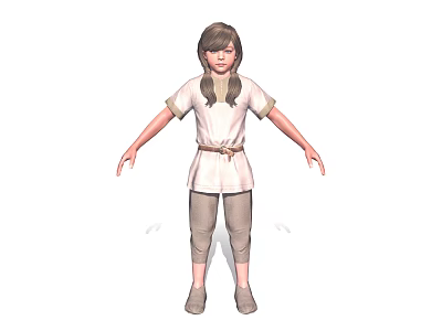 Child with Brown Hair in Standing Pose Wearing White T-shirt Brown Pants and Belt 3d model