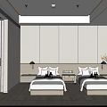 Modern Hotel Guest Room With Two Beds Open Shower Wooden Flooring And Bedside Lamps
