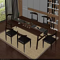 Modern Minimalist Solid Wood Tea Table And Chairs Indoor With Tea Sets And Green Plant