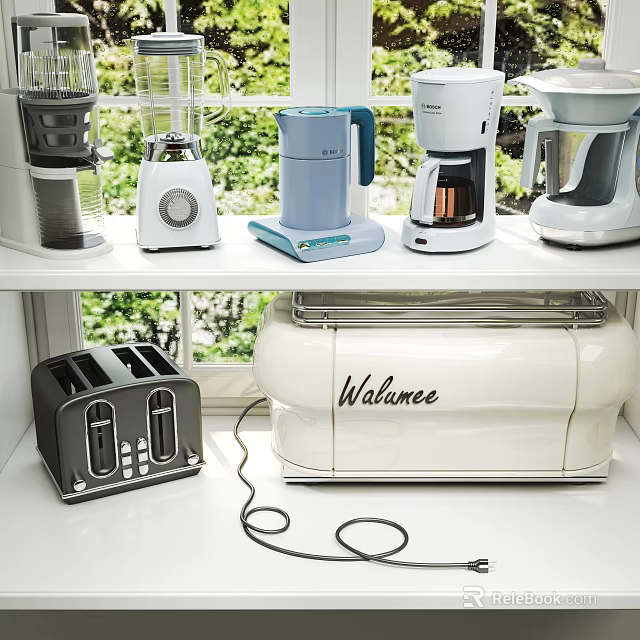 Modern Kitchen Appliances Including Toaster Coffee Maker Blender Kettle And Walimee On White Shelf 3d model 