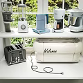 Modern Kitchen Appliances Including Toaster Coffee Maker Blender Kettle And Walimee On White Shelf