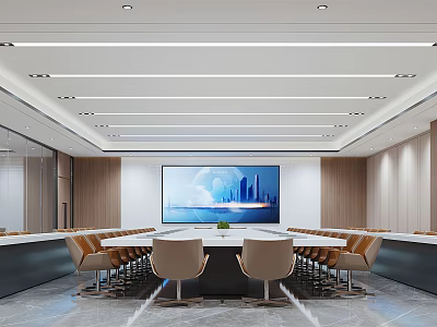 Modern Conference Room Interior Design With Large Conference Table Chairs TV Screen And Wooden Walls 3d model