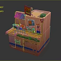 Cartoon Pink Building Scene With Small Shop Counter Platform Signboard And Decorations