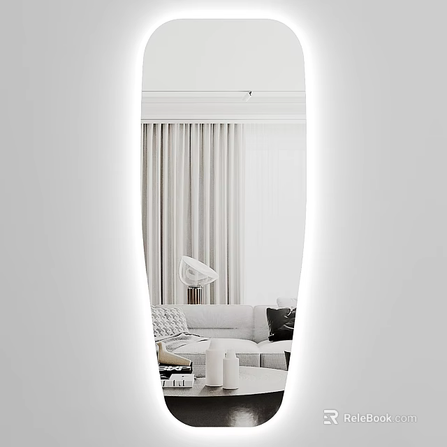 Oval Mirror Reflecting Modern Living Room Scene 3d model 