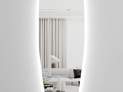 Oval Mirror Reflecting Modern Living Room Scene 3d model