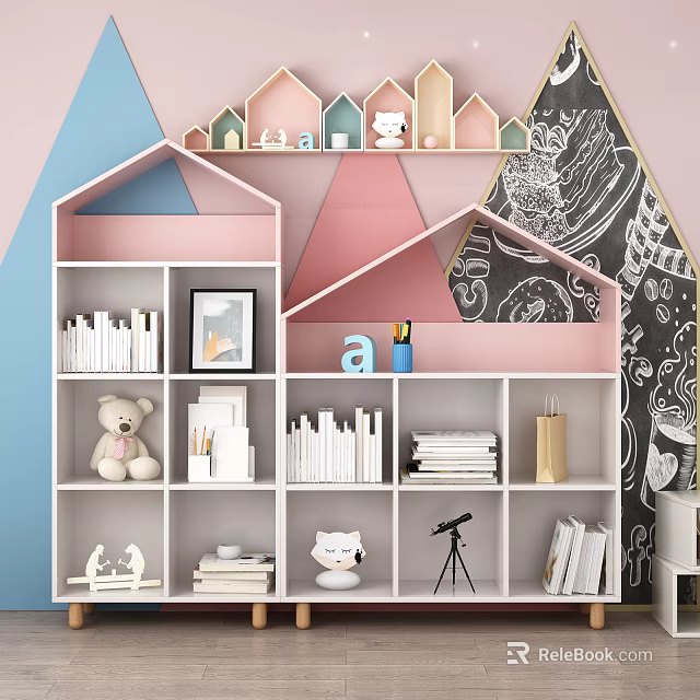 House Shaped Pink And White Bookshelf With Books Teddy Bear Photo Frame And Telescope 3d model 