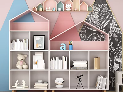 House Shaped Pink And White Bookshelf With Books Teddy Bear Photo Frame And Telescope 3d model