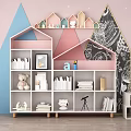 House Shaped Pink And White Bookshelf With Books Teddy Bear Photo Frame And Telescope
