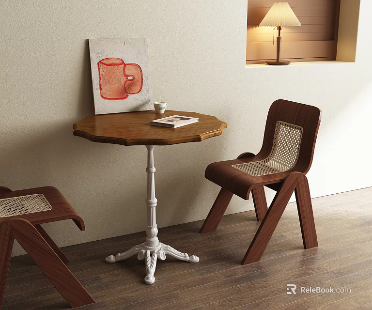 Round Wooden Top Dining Table Set With White Metal Legs And Brown Woven Seat Chairs 3d model 