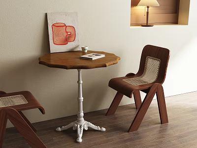 Round Wooden Top Dining Table Set With White Metal Legs And Brown Woven Seat Chairs 3d model