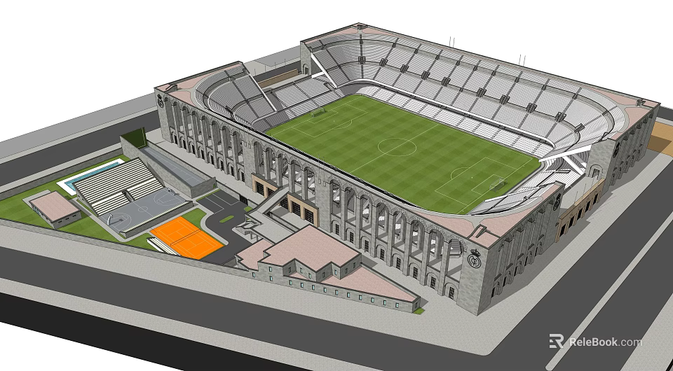 Historic Style Football Stadium With Large Stands Green Pitch And Entrance Area 3d model 