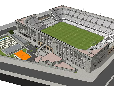 Historic Style Football Stadium With Large Stands Green Pitch And Entrance Area 3d model
