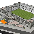 Historic Style Football Stadium With Large Stands Green Pitch And Entrance Area