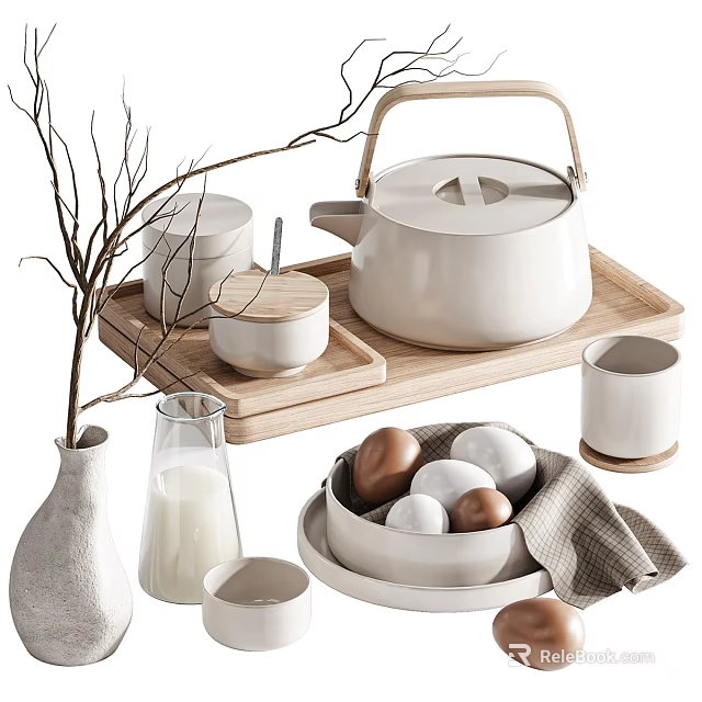 Stylish Decorative Ornament Set With Ceramic Teapot Wooden Tray Small Bowls Vase And Egg Plate 3d model 