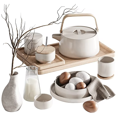 Stylish Decorative Ornament Set With Ceramic Teapot Wooden Tray Small Bowls Vase And Egg Plate 3d model