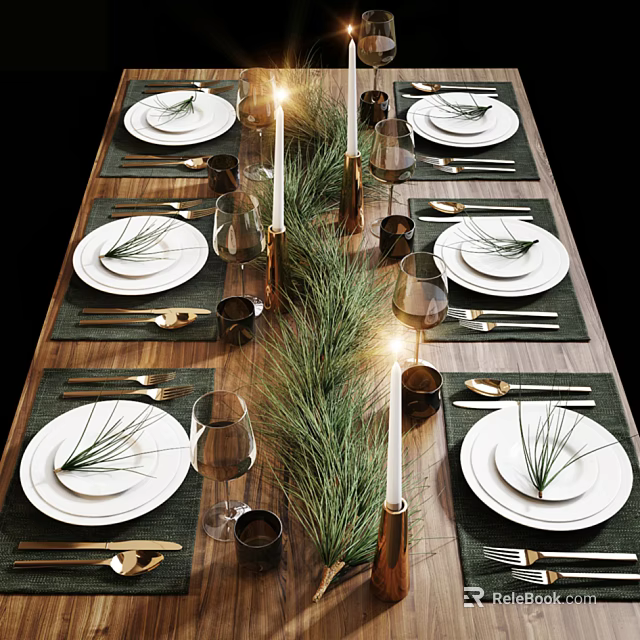 Elegant Tableware Set with White Plates Pine Needles Green Placemats Golden Cutlery Wine Glasses Candles 3d model 