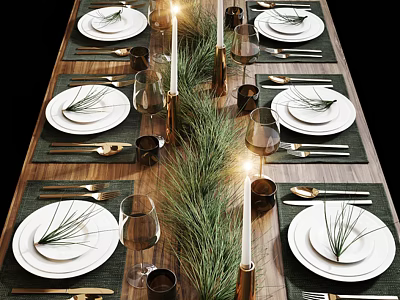 Elegant Tableware Set with White Plates Pine Needles Green Placemats Golden Cutlery Wine Glasses Candles 3d model