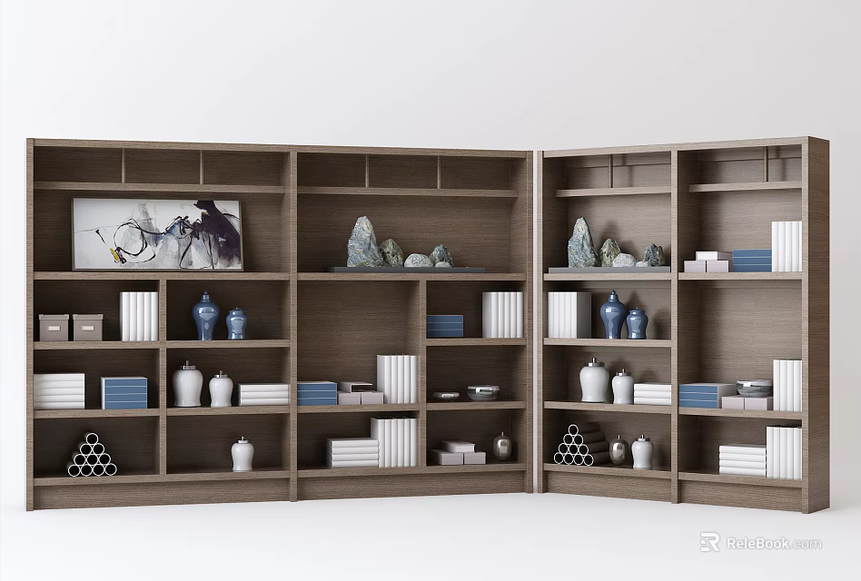Wooden Bookcase With Multiple Shelves Holding Books Decorative Vases And Small Sculptures 3d model 