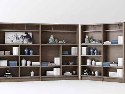 Wooden Bookcase With Multiple Shelves Holding Books Decorative Vases And Small Sculptures 3d model