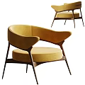 Modern Yellow Velvet Armchair With Curved Arms Round Seat Wooden Legs Design