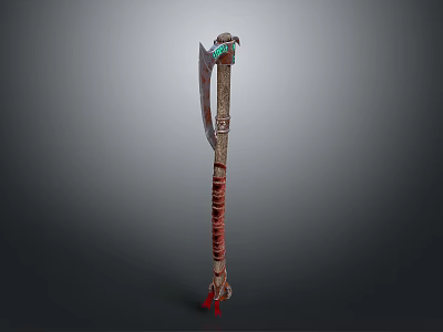 Ornate Ancient Weapon With Long Red Brown Handle And Green Gemstone Adorned Head 3d model