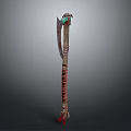 Ornate Ancient Weapon With Long Red Brown Handle And Green Gemstone Adorned Head