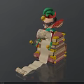 Christmas Elf With Green Hat Sitting On Stacked Books And Unfurled Scroll