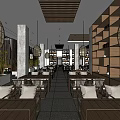 Elegant Modern Tea House Interior With Wooden Partitions Hanging Lanterns And Water Feature