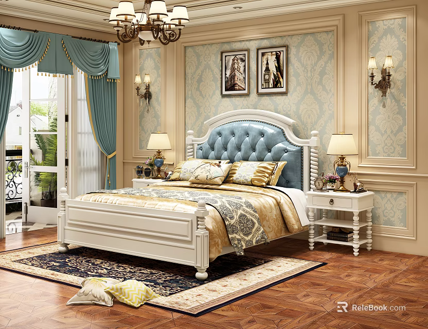 Elegant Double Bed Interior With Tufted Headboard Damask Wallpaper And Nightstands 3d model