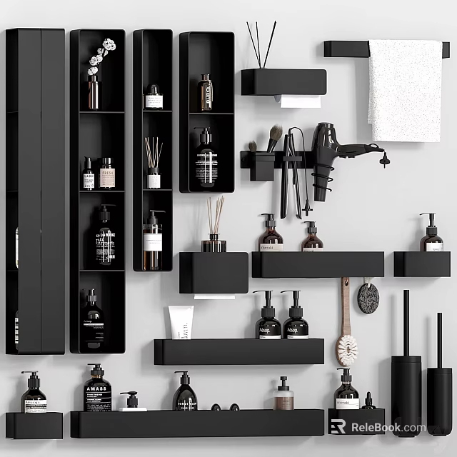 Modern Bathroom Wall Accessories Display With Black Shelves And Essentials 3d model