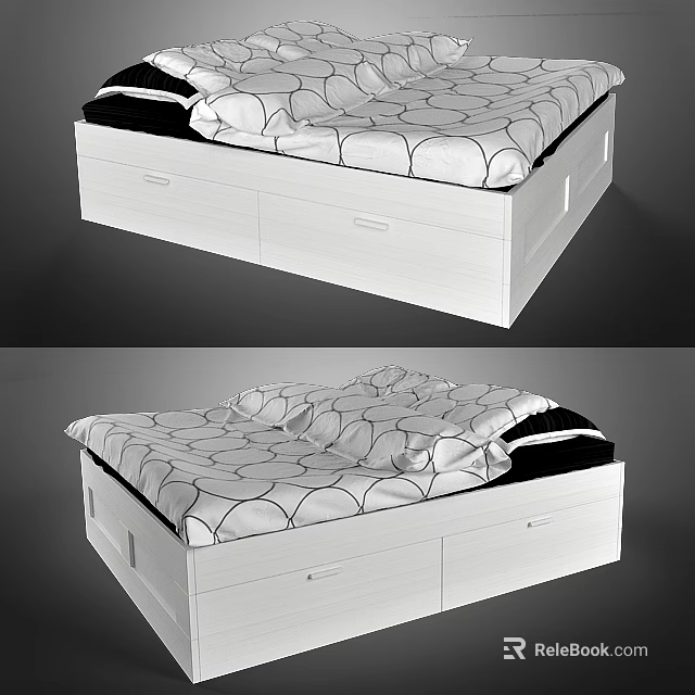 Modern White Double Bed Frame With Storage Drawers And Patterned Mattress 3d model 