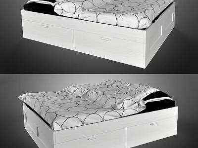 Modern White Double Bed Frame With Storage Drawers And Patterned Mattress 3d model