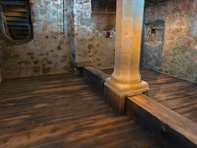 Medieval Interior Featuring Stone Walls Wooden Staircase Pillar And Hardwood Floor 3d model