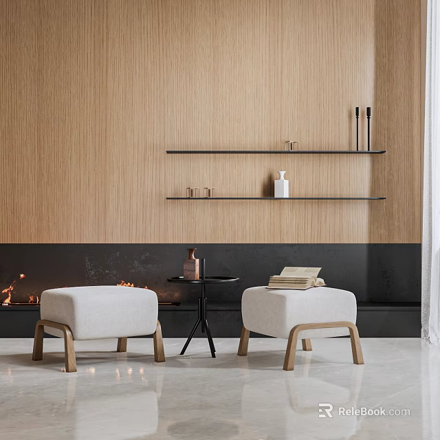 White Cushioned Sofa Stools With Wooden Legs Against Wooden Wall And Black Shelves 3d model 