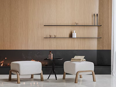 White Cushioned Sofa Stools With Wooden Legs Against Wooden Wall And Black Shelves 3d model