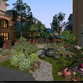 Stunning Courtyard Water Fountain Landscape with Greenery Stone Path and Modern Buildings