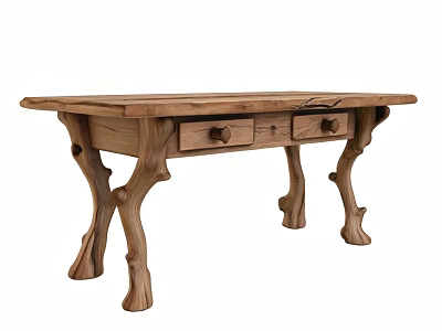 Rustic Wooden Table With Branch Shaped Legs And Drawers On Tabletop 3d model