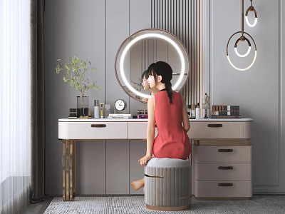 Modern Dressing Table With LED Ring Mirror And Elegant Bedroom Decor Elements 3d model