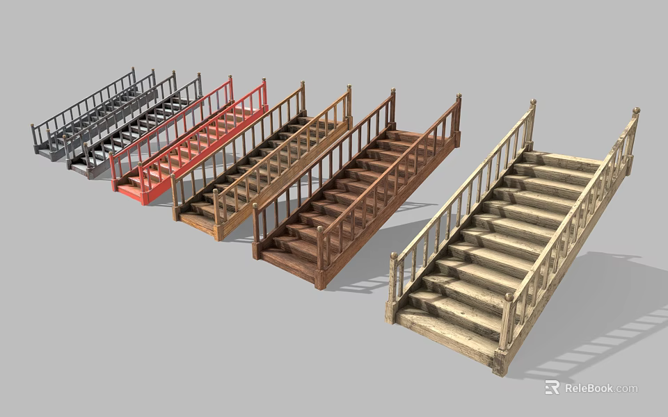 Different Styles of Stairs with Black Red Brown Colors Wooden Handrails and Designs 3d model 