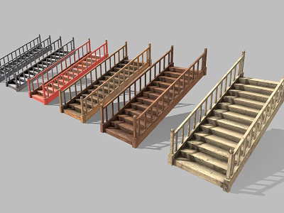 Different Styles of Stairs with Black Red Brown Colors Wooden Handrails and Designs 3d model