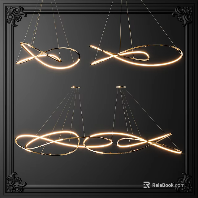 Modern Curved Chandeliers With Glowing LED Lights And Metal Frames For Interior Design 3d model 