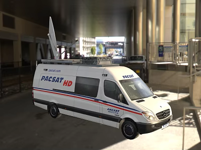 White PACSAT HD Van With Red Blue Stripes Roof Antenna Equipment Parked In Station Area 3d model